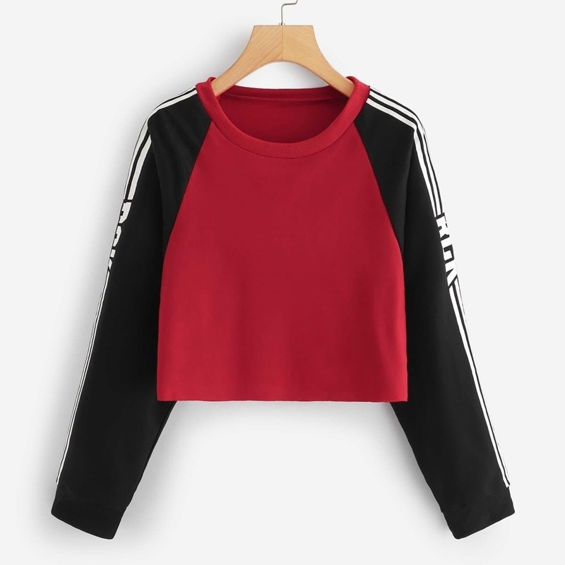 

Striped Side Raglan Sleeve Crop Sweatshirt, Red