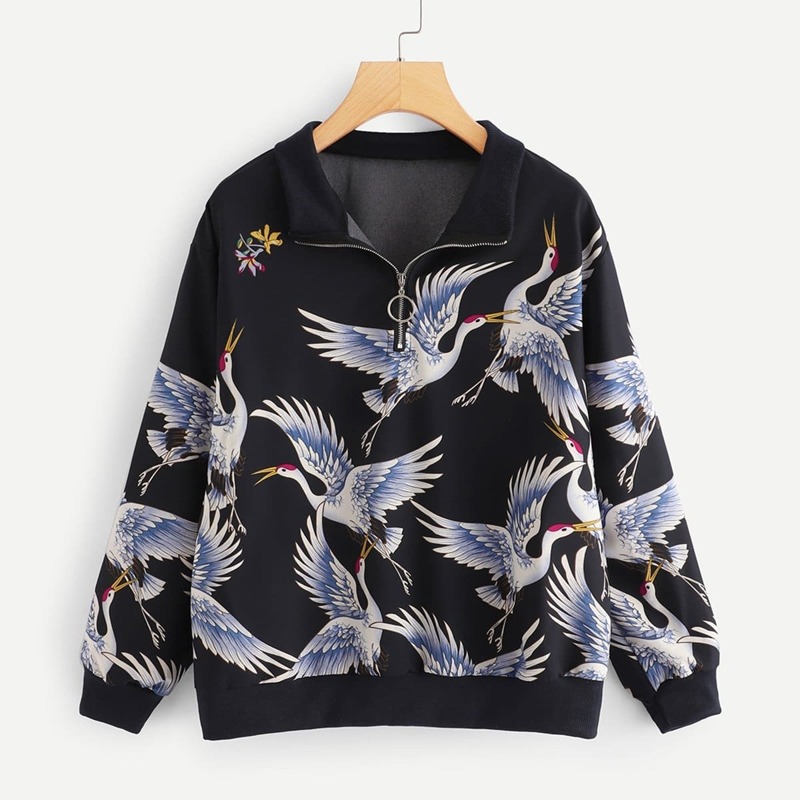 

Crane Print Zip Front Sweatshirt, Multicolor