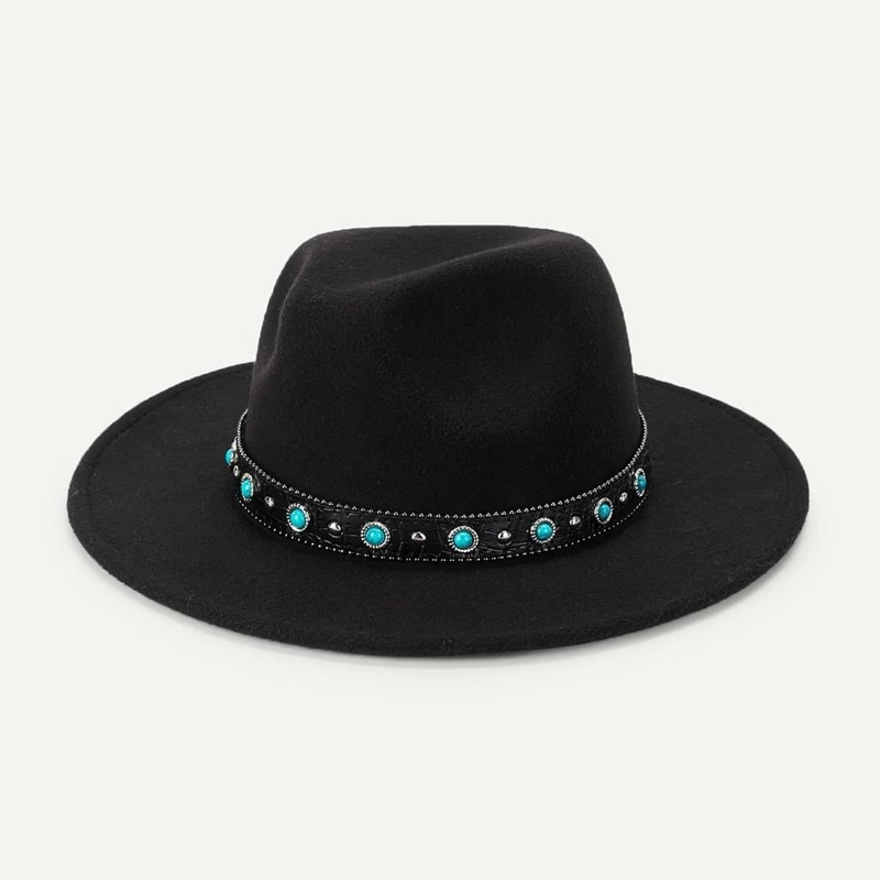 

Faux Jewelry Decorated Panama Hat, Black