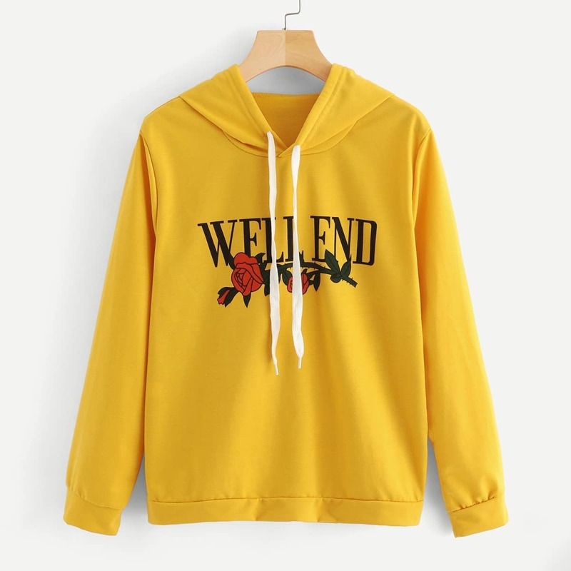 

Letter & Floral Print Hoodie, Yellow