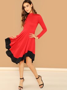 Mock Neck Contrast Curved Hem Dress