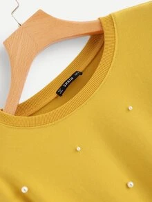 SHEIN Pearl Embellished Drop Shoulder Plaid Sweatshirt - Mustard Yellow - View 3