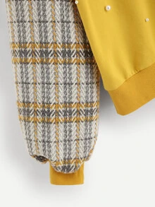 SHEIN Pearl Embellished Drop Shoulder Plaid Sweatshirt - Mustard Yellow - View 4