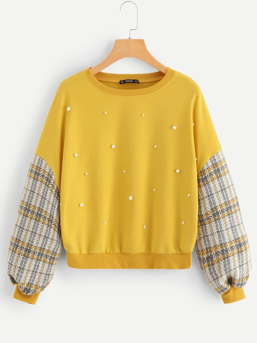 SHEIN Pearl Embellished Drop Shoulder Plaid Sweatshirt - Mustard Yellow - View 1
