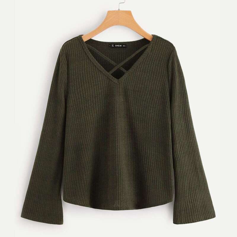 

Crisscross Front Textured Knit Top, Army green