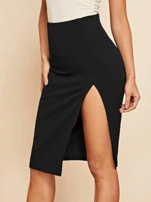 SHEIN SXY Solid Split Skirt - Black - View 1