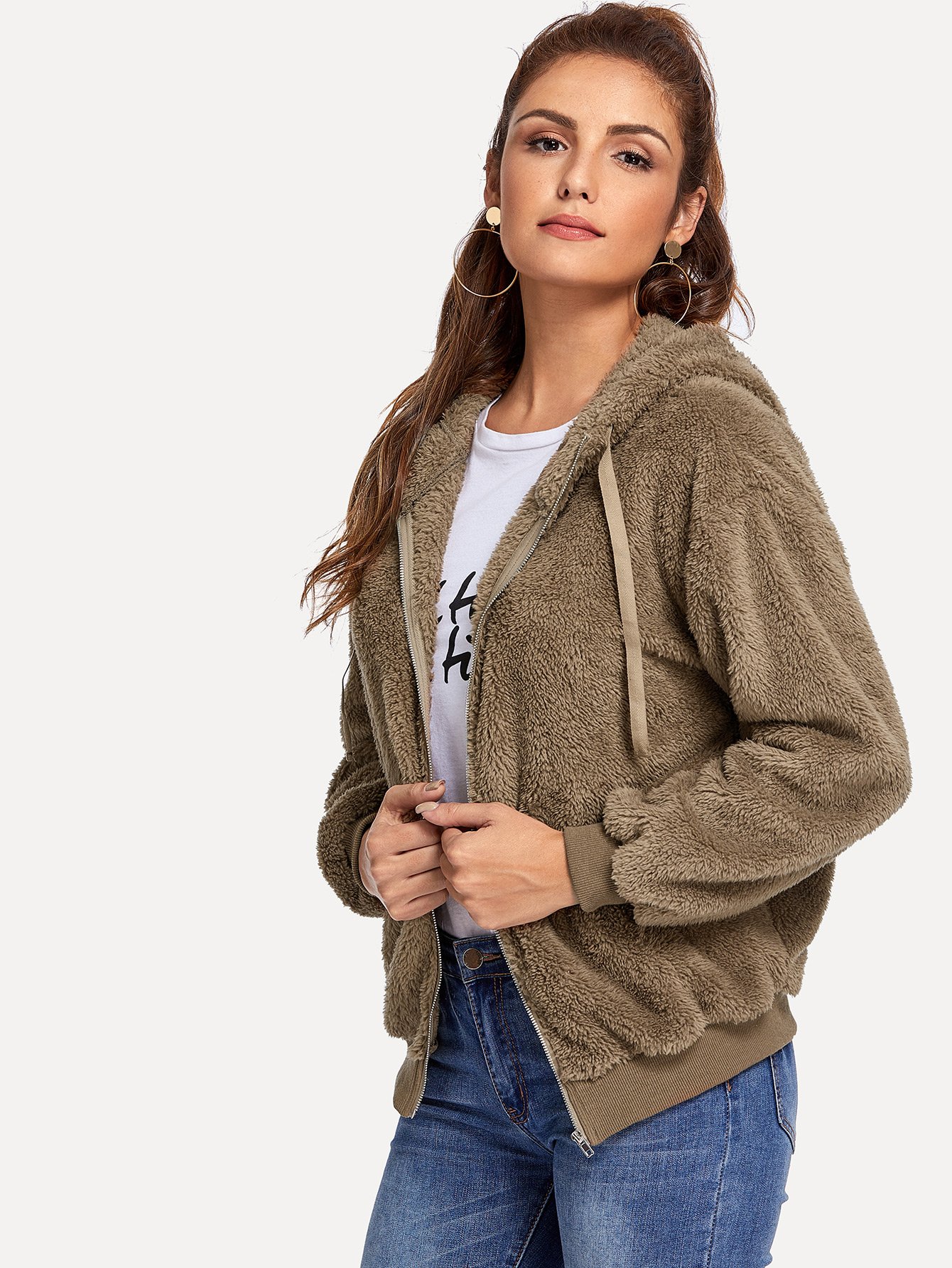 Hooded Drawstring Plain Teddy Outerwear Hooded Drawstring Plain Teddy Outerwear