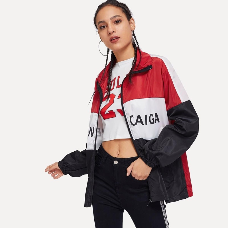 

Letter Print Cut And Sew Windbreaker Jacket, Multicolor