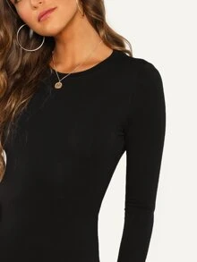 SHEIN BAE Solid Long Sleeve Cheeky Bodysuit - Black - View 4