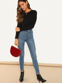 SHEIN BAE Solid Long Sleeve Cheeky Bodysuit - Black - View 5