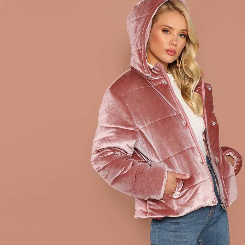 

Velvet Hooded Puffer Coat, Pink