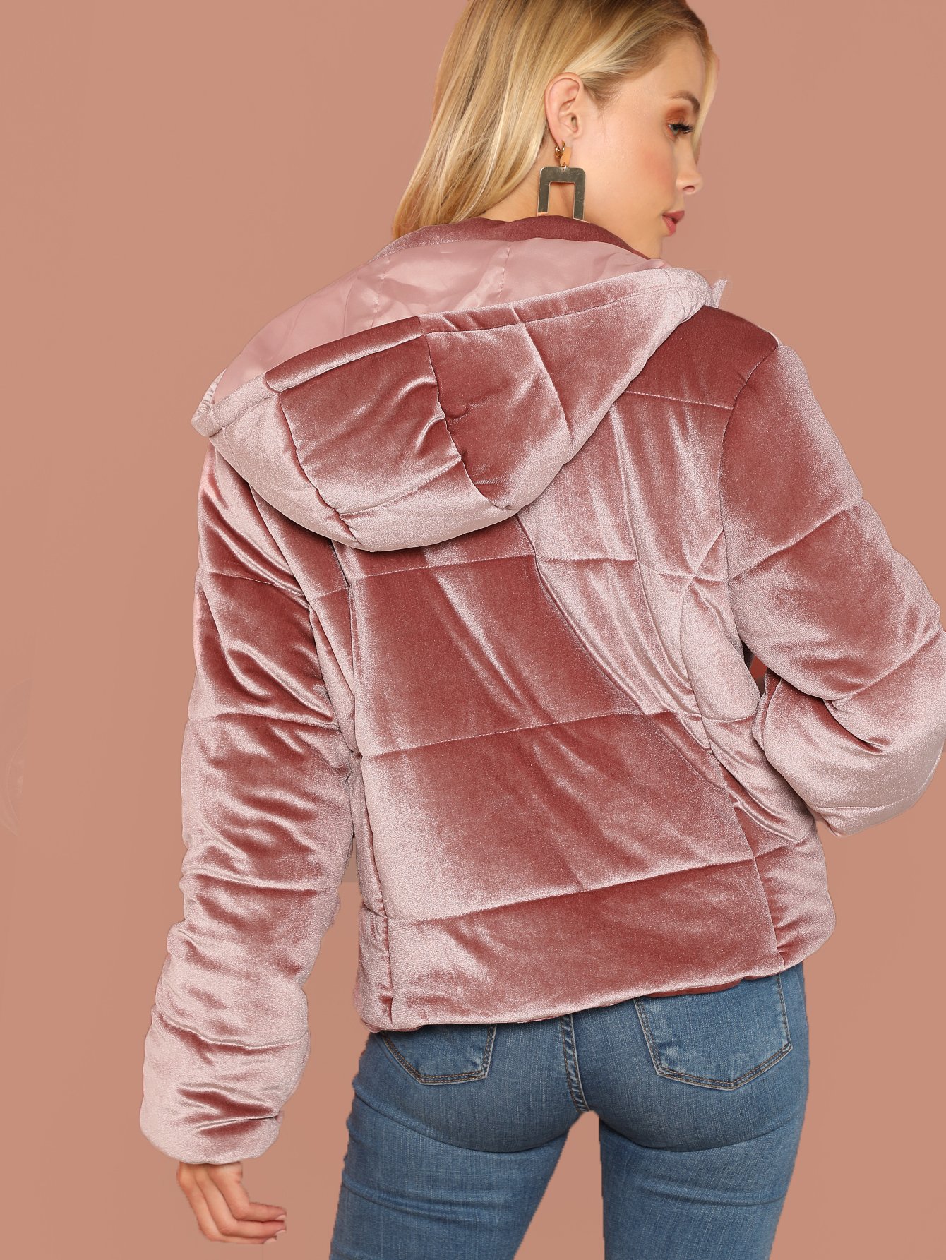 velvet hooded puffer jacket