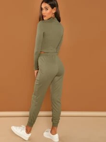 SHEIN Fitted Crop Top & Joggers Set - Army Green - View 2