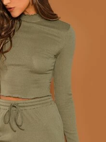 SHEIN Fitted Crop Top & Joggers Set - Army Green - View 4