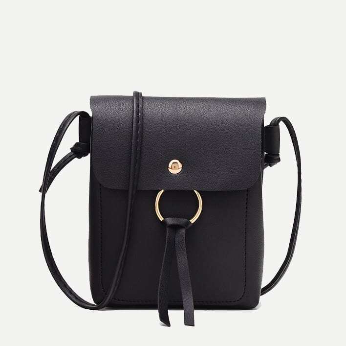 Metal Ring Flap Crossbody Bag, Black