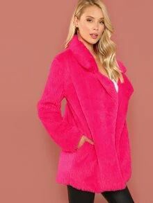 SHEIN Neon Pink Notch Collar Fuzzy Coat