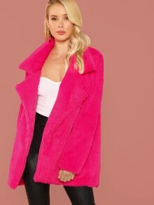 SHEIN Neon Pink Notch Collar Fuzzy Coat