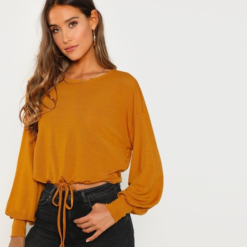 

Drawstring Hem Textured Pullover, Yellow