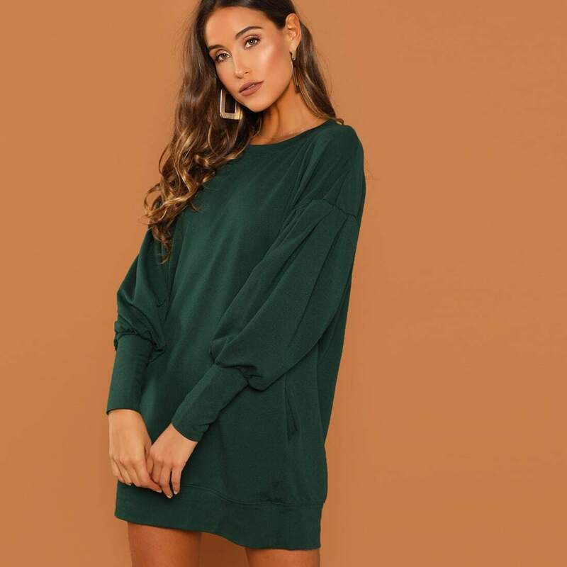 

Drop Shoulder Solid Sweatshirt Dress, Dark green