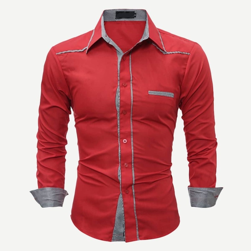 

Guys Contrast Plaid Curved Hem Shirt, Red