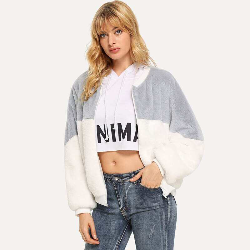 

Zip Up Cut And Sew Teddy Jacket, Grey