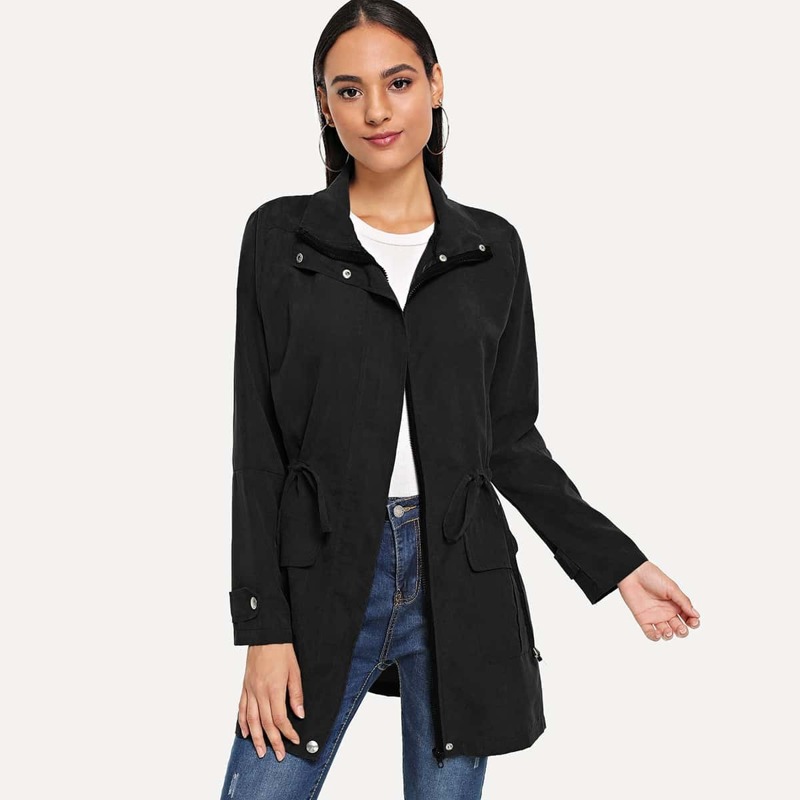 

Solid Drawstring Waist Coat, Black