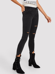 Ripped Detail Solid Jeans