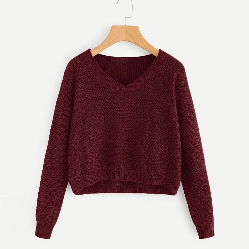 

V Neck Crop Jumper, Burgundy