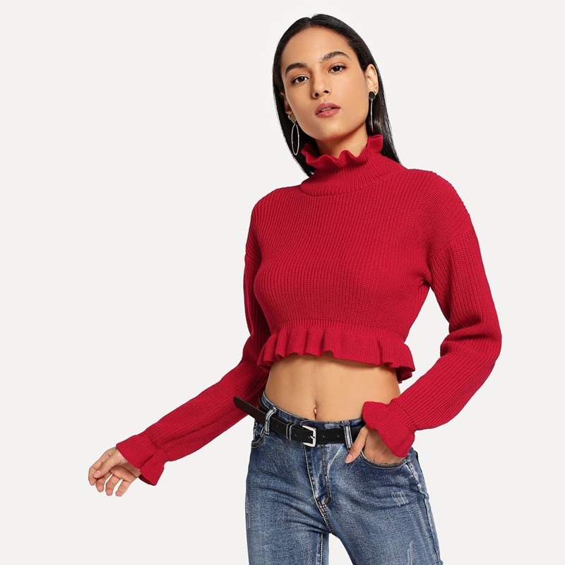 

Ruffle Hem Solid Crop Sweater, Red