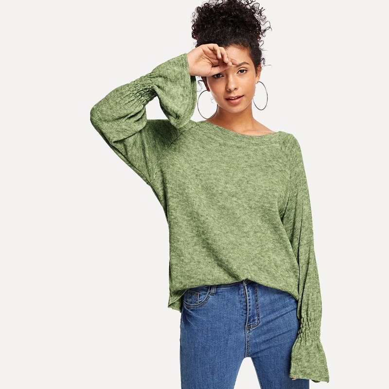 

Flounce Sleeve Solid Sweater, Army green