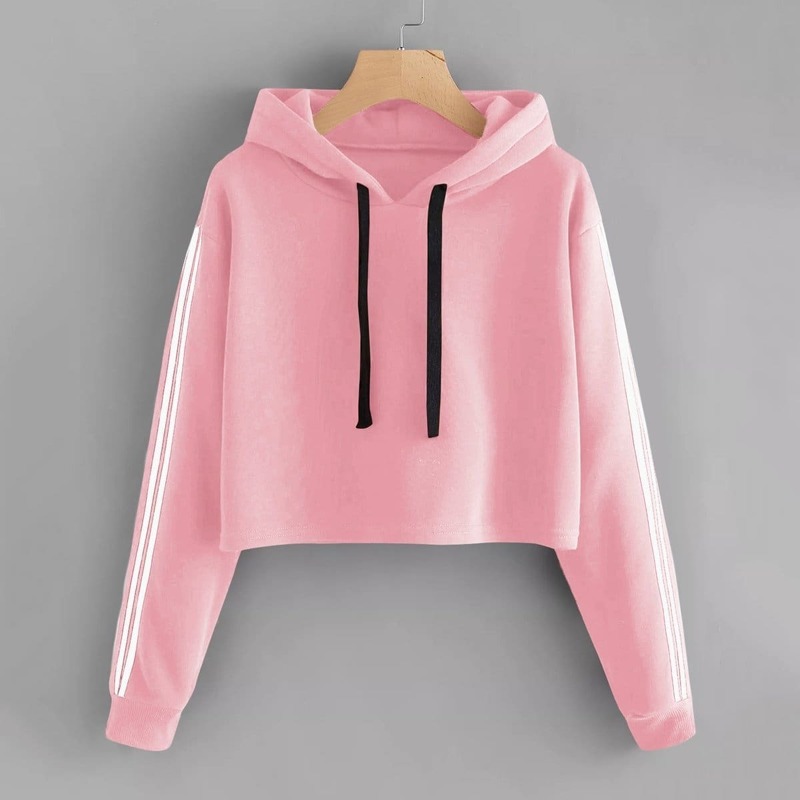 

Drawstring Hoodie Striped Tape Sleeve Sweatshirt, Pink