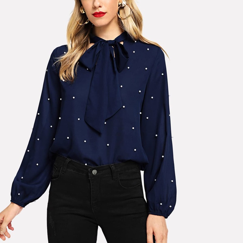 

Tie Neck Faux Pearl Decor Blouse, Navy