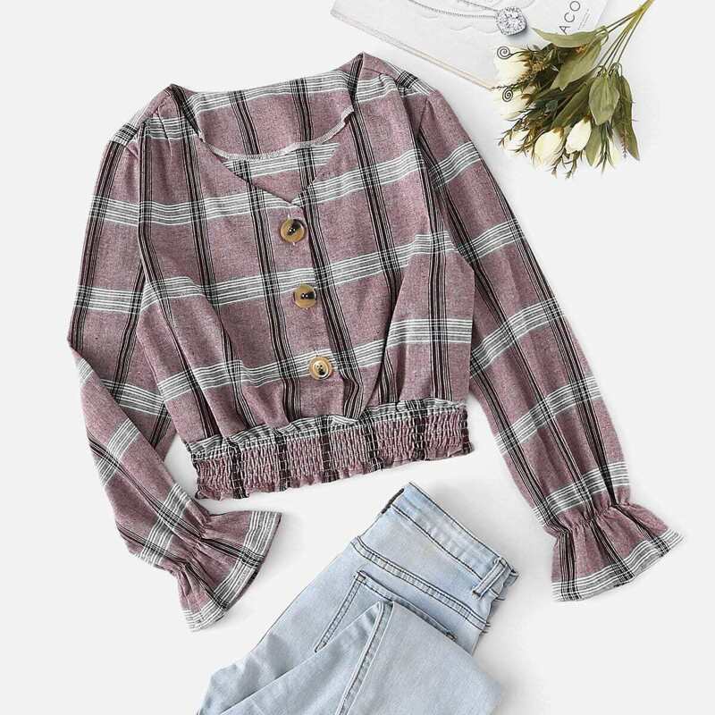 

Single Breasted V Neck Plaid Blouse, Multicolor