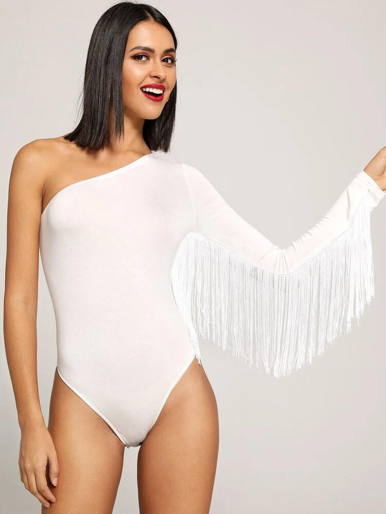 Fringe trim one shoulder bodysuit clearance