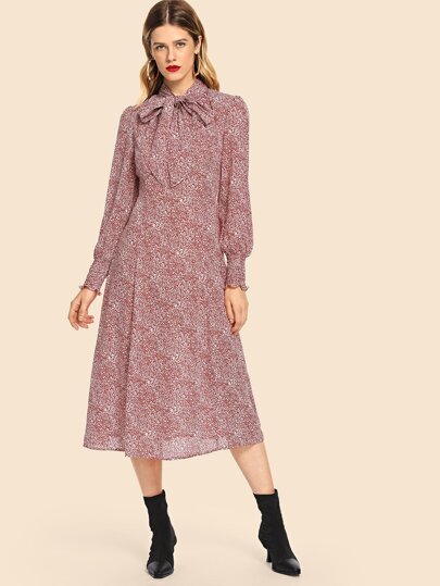 Tie Neck Smock Cuff Dress pictures