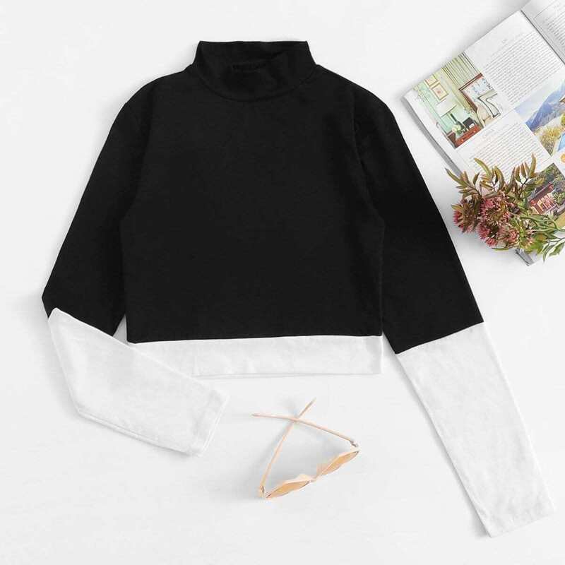 

Colorblock Stand Collar Tee, Black and white