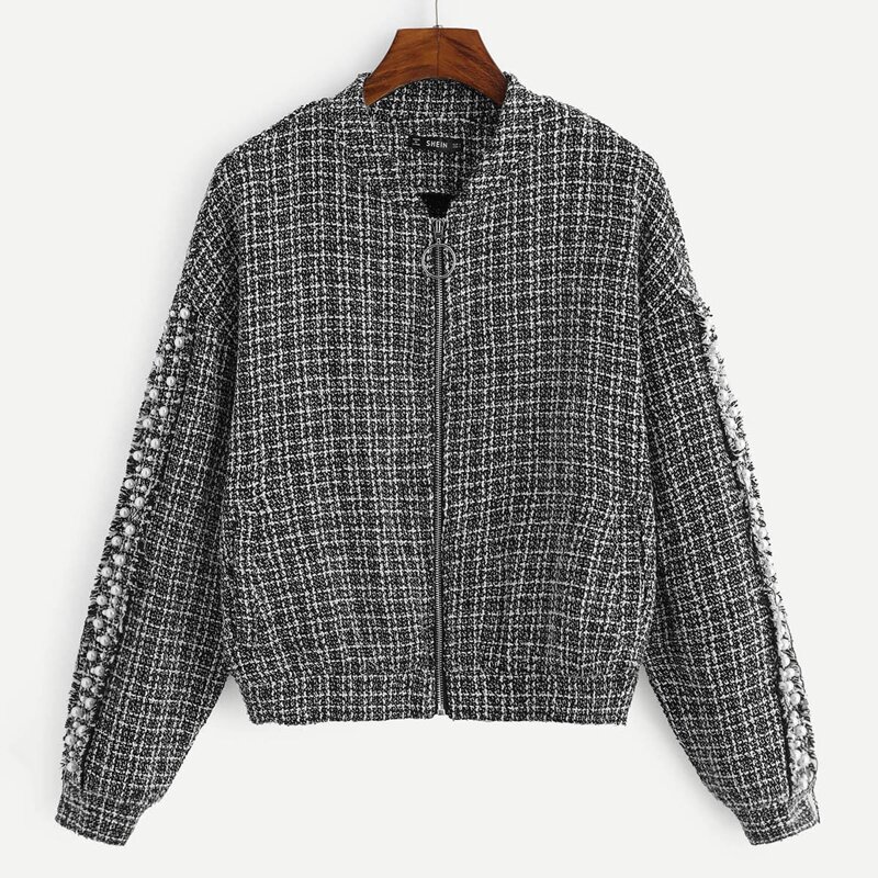 

Pearl Detail O-Ring Zip Up Tweed Jacket, Black and white