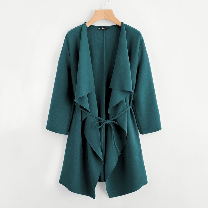

Waterfall Collar Pocket Front Wrap Coat, Green
