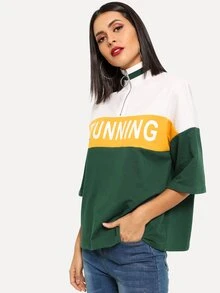 SHEIN O形環拉錬半開襟撞色字母T - 彩色 - 查看 3