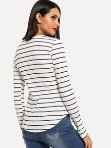 SHEIN Essnce Rib Knit Curved Hem Striped T-shirt - Black and White - View 2