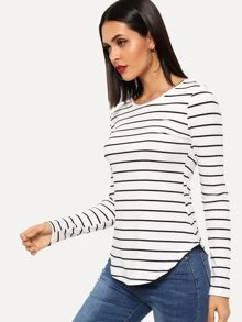 SHEIN Essnce Rib Knit Curved Hem Striped T-shirt - Black and White - View 3