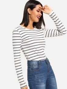 SHEIN Essnce Rib Knit Curved Hem Striped T-shirt - Black and White - View 4