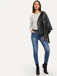 SHEIN Essnce Rib Knit Curved Hem Striped T-shirt - Black and White - View 5