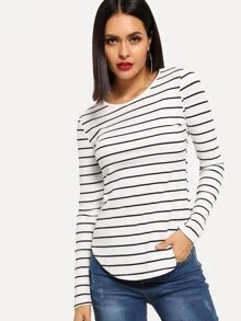 SHEIN Essnce Rib Knit Curved Hem Striped T-shirt - Black and White - View 1