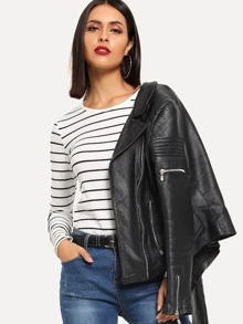 SHEIN Essnce Rib Knit Curved Hem Striped T-shirt - Black and White - View 6