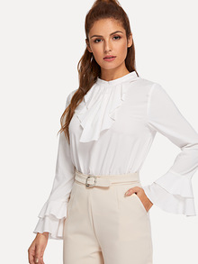 Ruffle Detail Bell Sleeve Mock Neck Top