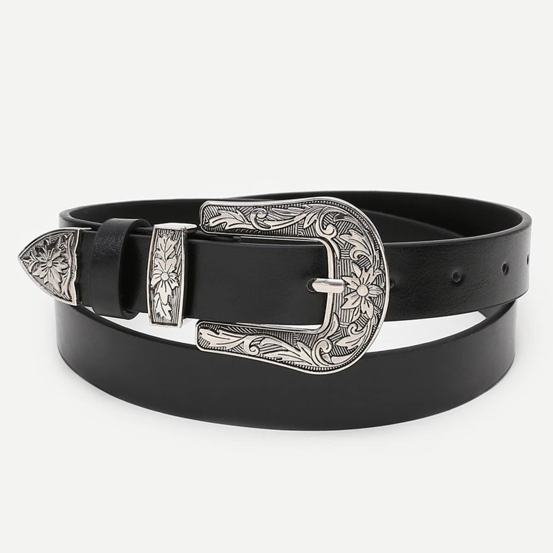 

Floral Engraved Buckle Belt, Black