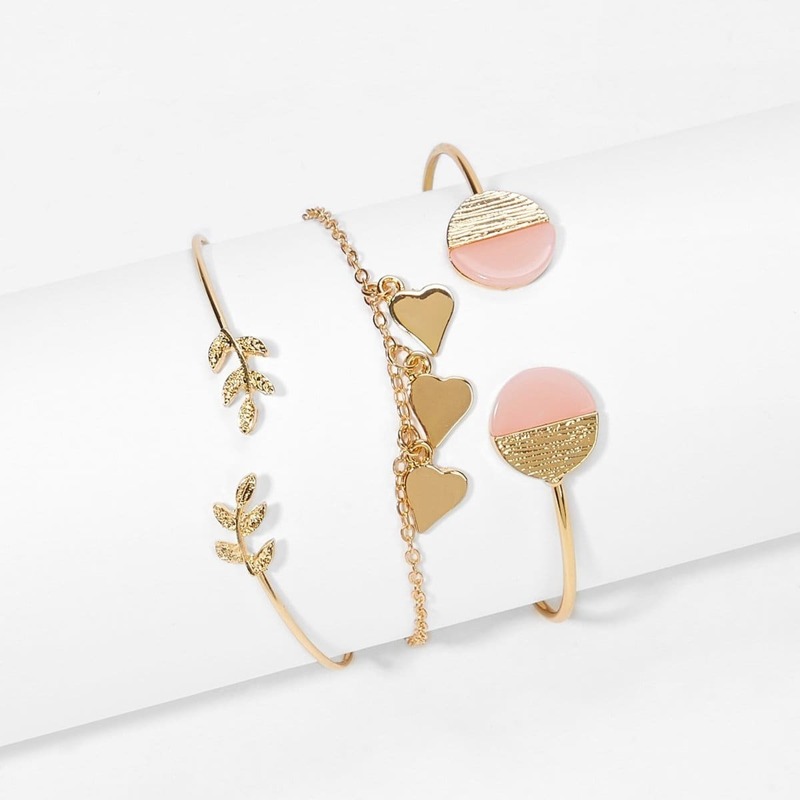 

Heart & Leaf Detail Bracelet Set 3pcs, Gold