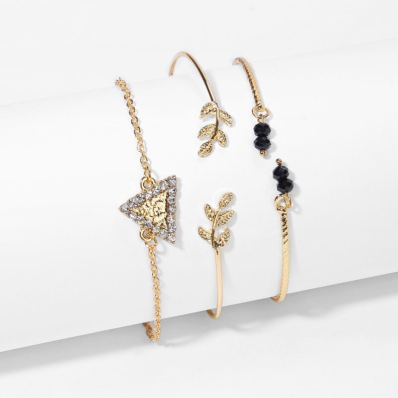 

Rhinestone Triangle & Leaf Bracelet Set 3pcs, Gold