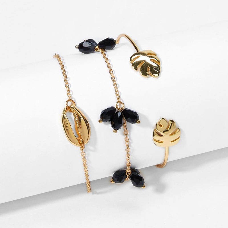 

Tropical Leaf & Shell Bracelet Set 3pcs, Gold